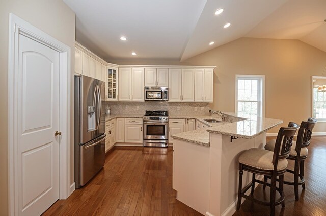 kitchen featuring appliances with stainless steel finishes, a sink, a peninsula, dark wood-type flooring, and backsplash
