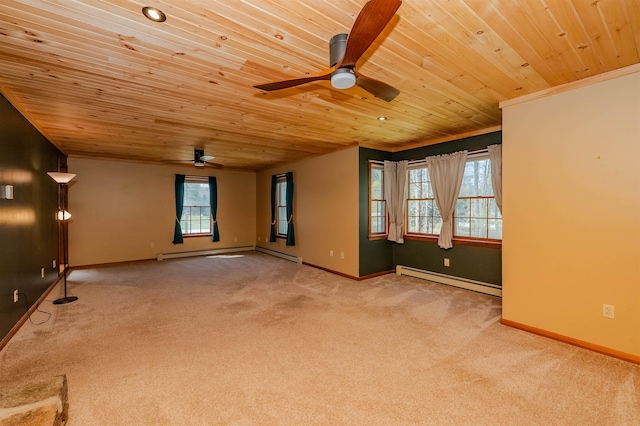 spare room featuring carpet flooring, baseboards, ceiling fan, wood ceiling, and a baseboard radiator