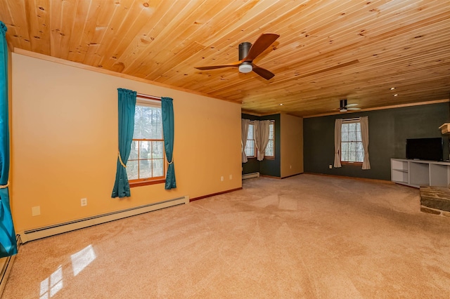 unfurnished living room with wood ceiling, a baseboard radiator, and a ceiling fan