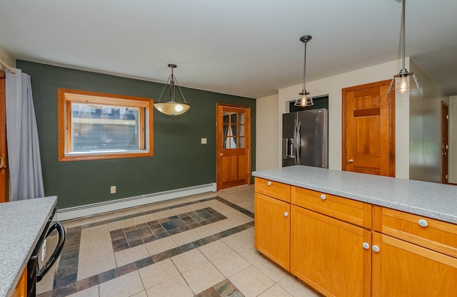 kitchen with stainless steel refrigerator with ice dispenser, pendant lighting, light tile patterned floors, light countertops, and a baseboard heating unit