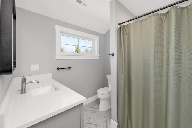 bathroom with visible vents, marble finish floor, toilet, and vanity