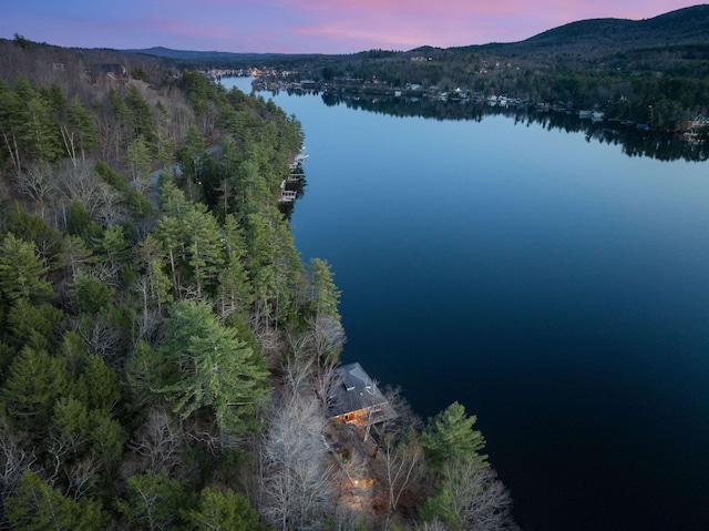 aerial view at dusk featuring a water and mountain view and a view of trees