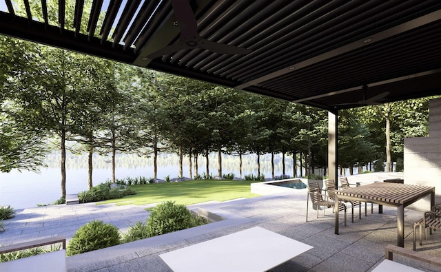 view of community featuring fence, a water view, a yard, and a patio area