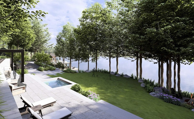 view of home's community featuring a yard, a water view, and a patio area