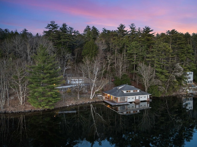 dock area with a water view and a forest view