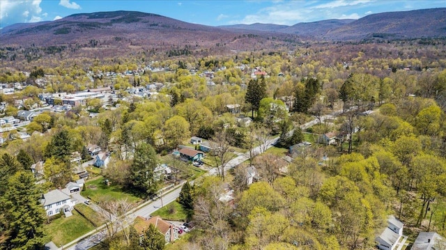 birds eye view of property featuring a mountain view and a wooded view