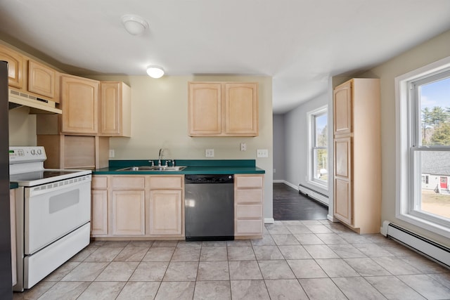 kitchen featuring white electric range and light brown cabinets