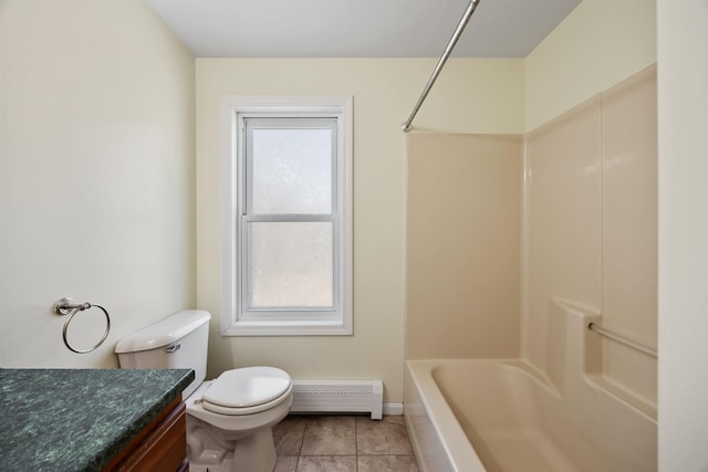 full bath with vanity, tile patterned flooring, toilet, baseboard heating, and shower / bath combination