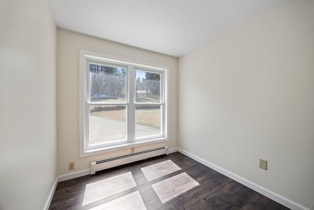 unfurnished room with baseboards, dark wood finished floors, and baseboard heating