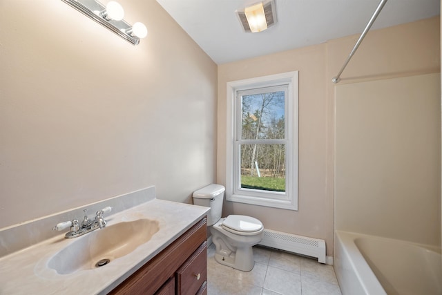 full bath featuring tile patterned flooring, vanity, toilet, a baseboard radiator, and visible vents