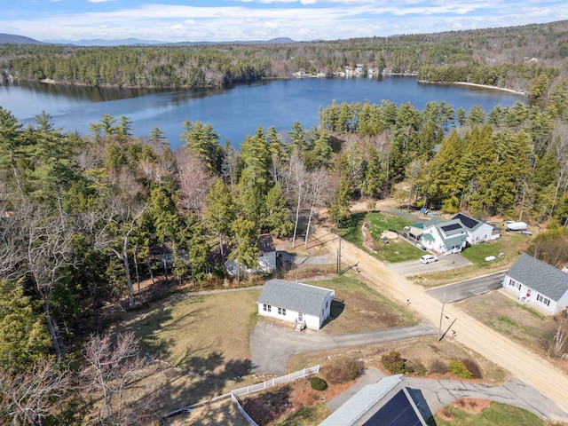 aerial view featuring a view of trees and a water view
