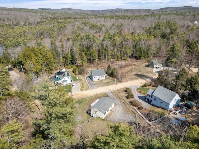 birds eye view of property featuring a forest view