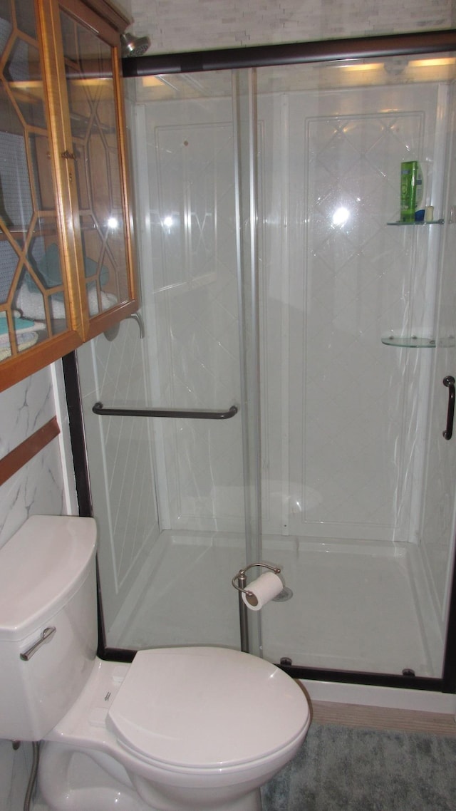 bathroom featuring a stall shower and toilet