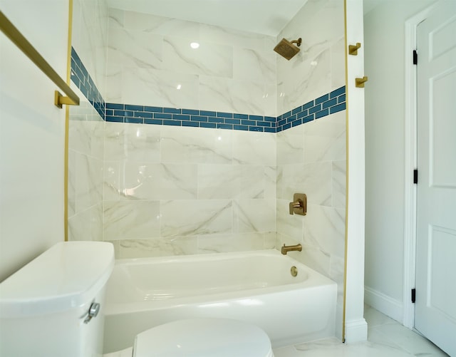 full bath with shower / bathtub combination, baseboards, toilet, and marble finish floor