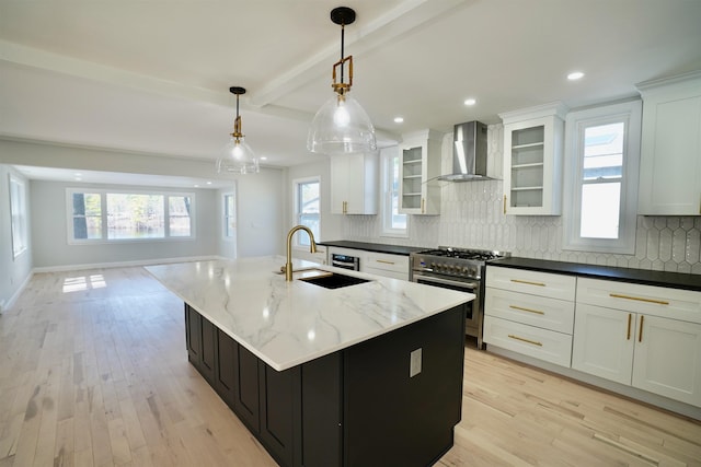 kitchen with a sink, wall chimney exhaust hood, decorative backsplash, light wood-type flooring, and high end stainless steel range oven