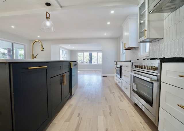 kitchen with tasteful backsplash, light wood-type flooring, white cabinets, under cabinet range hood, and stainless steel appliances