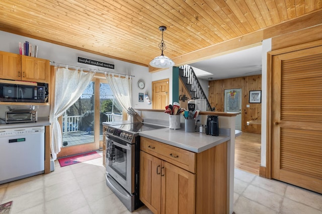 kitchen featuring hanging light fixtures, wood walls, stainless steel electric range, dishwasher, and wooden ceiling