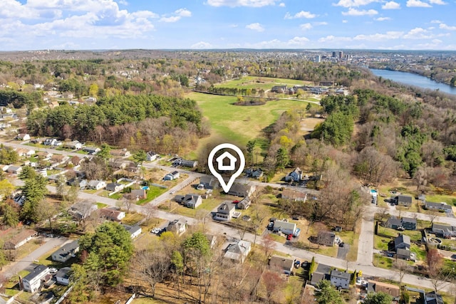 birds eye view of property with a water view and a residential view