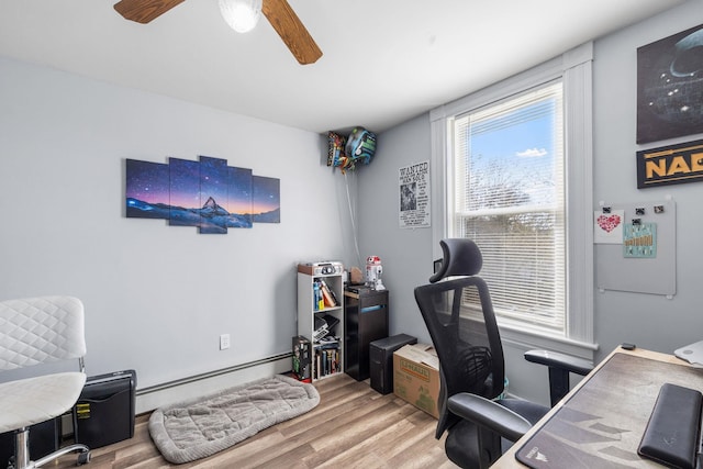 office space with ceiling fan, wood finished floors, and baseboard heating