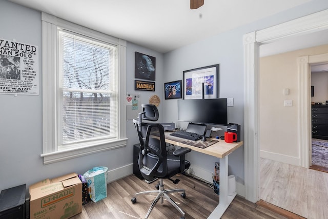 office space with baseboards and wood finished floors