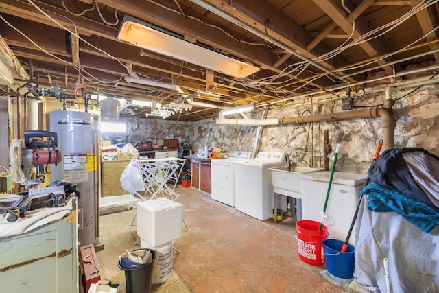 unfinished basement with separate washer and dryer, a sink, and water heater