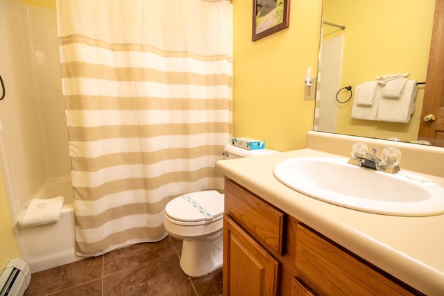 full bathroom featuring vanity, tile patterned floors, a baseboard heating unit, toilet, and shower / tub combo with curtain