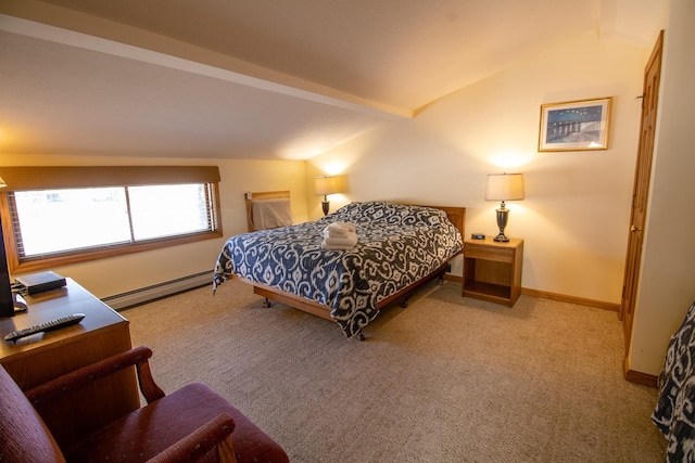 bedroom with carpet floors, a baseboard radiator, baseboards, and lofted ceiling
