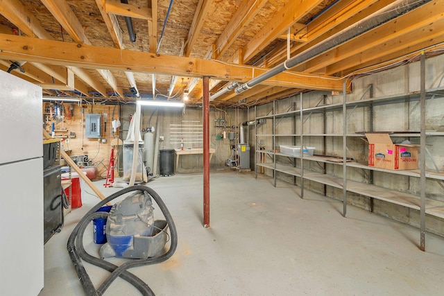 unfinished below grade area with a heating unit and electric panel