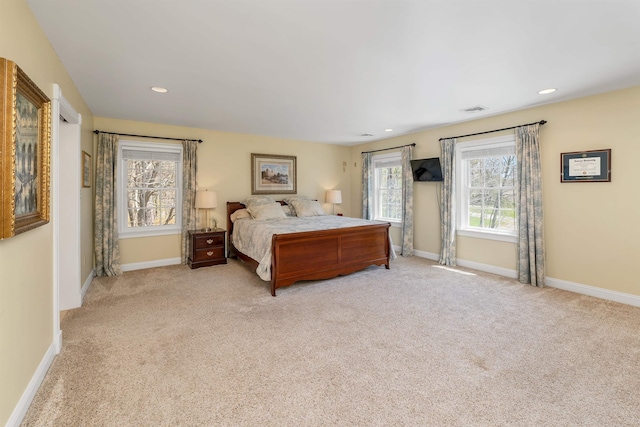 bedroom with baseboards, carpet flooring, visible vents, and recessed lighting
