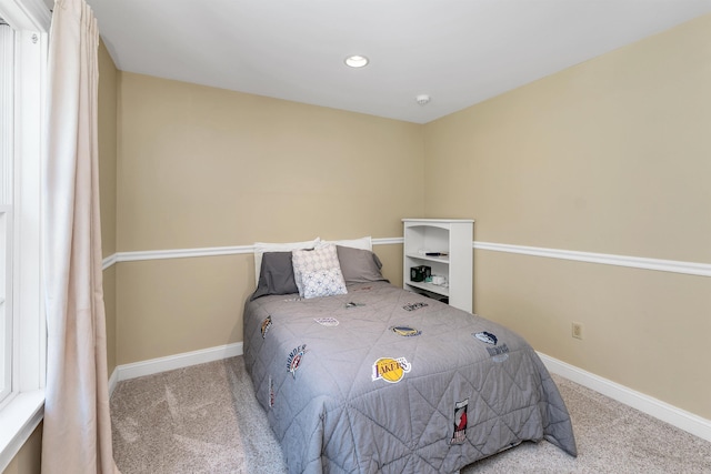 bedroom featuring carpet flooring, recessed lighting, and baseboards
