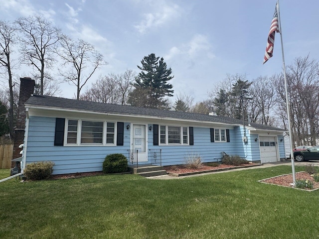 ranch-style house with an attached garage, driveway, a front yard, and a chimney