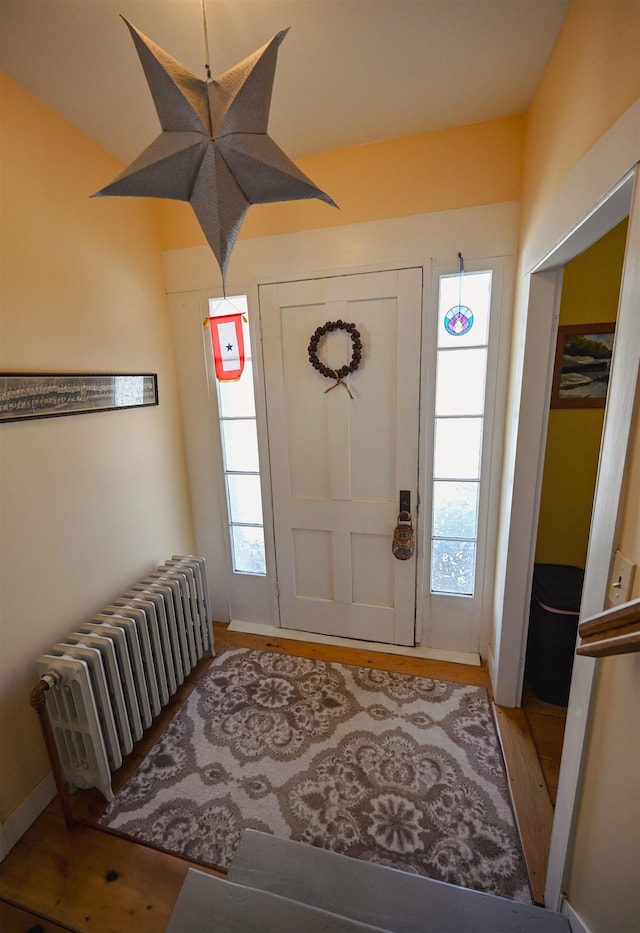 foyer entrance featuring radiator, wood finished floors, and a wealth of natural light