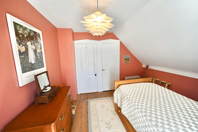bedroom featuring lofted ceiling and wood finished floors