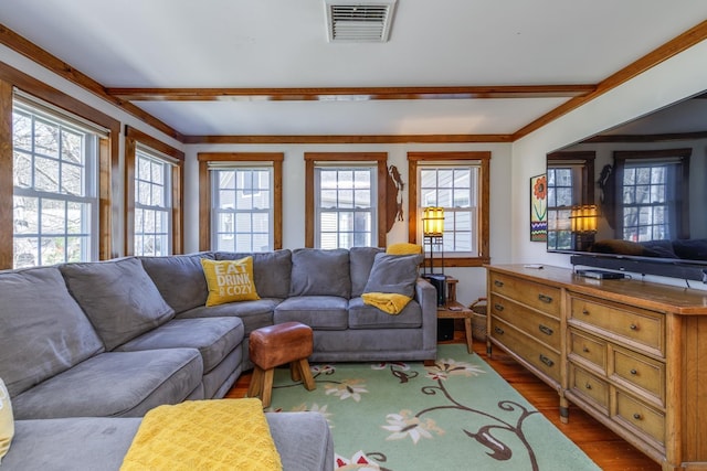living area with dark wood-type flooring and visible vents