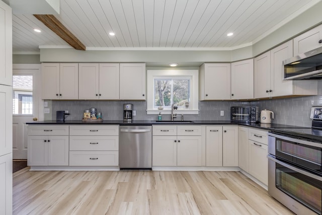 kitchen with stainless steel appliances, dark countertops, wooden ceiling, and a sink