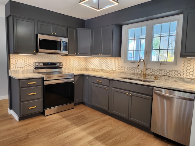 kitchen with a sink, appliances with stainless steel finishes, light stone counters, and light wood-style flooring