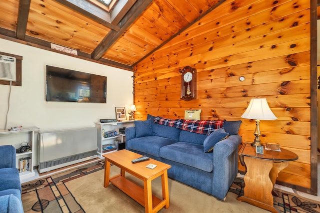 living room featuring wooden walls, vaulted ceiling with skylight, heating unit, wooden ceiling, and a wall mounted AC