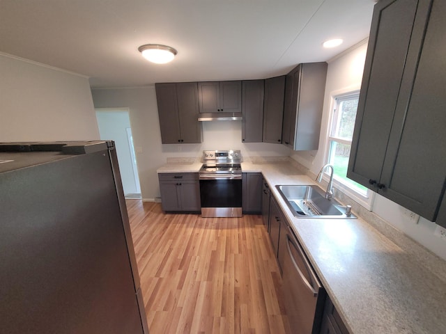 kitchen featuring light wood-type flooring, a sink, light countertops, under cabinet range hood, and stainless steel appliances