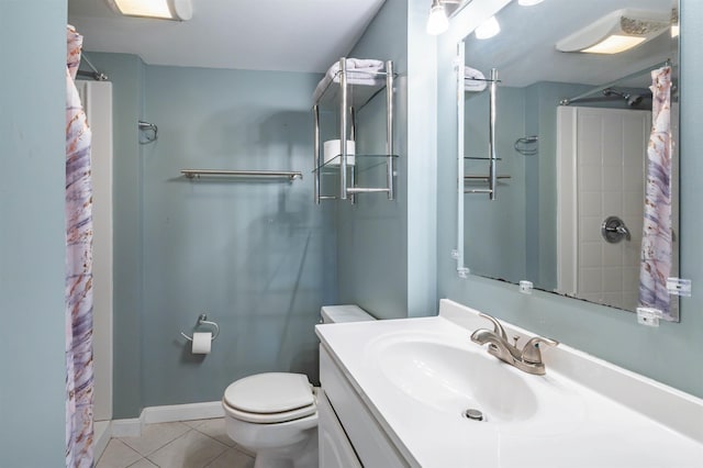 bathroom featuring vanity, curtained shower, toilet, baseboards, and tile patterned floors