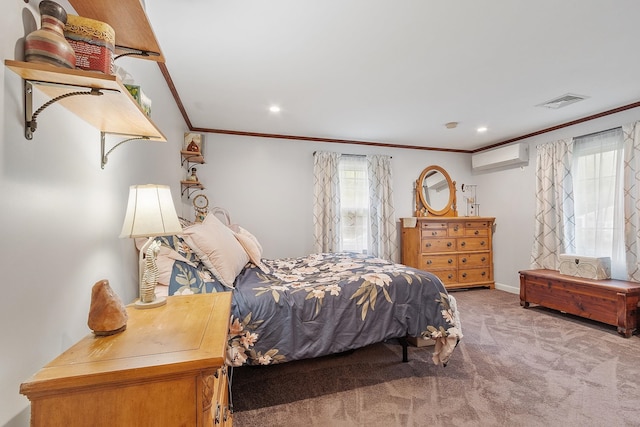 134 Emerson Ave, Hampstead, NH 03841 - bedroom with crown molding, a wall mounted AC, carpet floors, baseboards, and recessed lighting