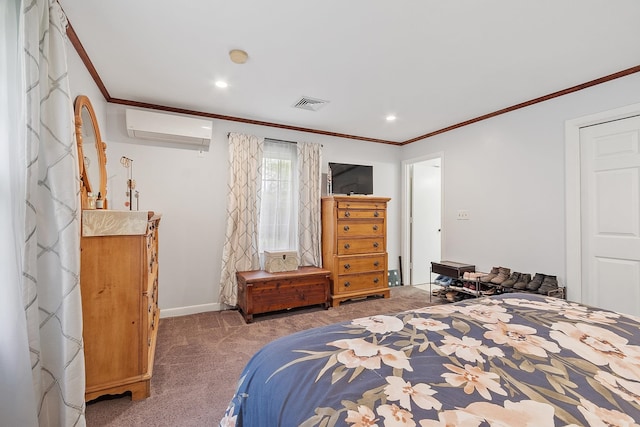 134 Emerson Ave, Hampstead, NH 03841 - bedroom featuring ornamental molding, a wall mounted air conditioner, carpet, baseboards, and recessed lighting
