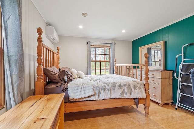 134 Emerson Ave, Hampstead, NH 03841 - bedroom with a wall mounted air conditioner, light wood-style floors, crown molding, and recessed lighting
