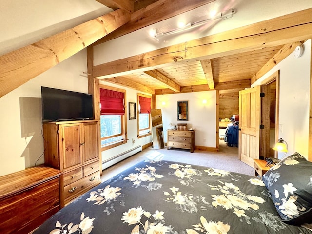bedroom with carpet floors, beam ceiling, baseboards, baseboard heating, and wooden ceiling