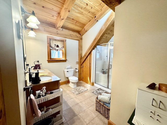 full bathroom with tile patterned flooring, double vanity, toilet, wood ceiling, and a stall shower