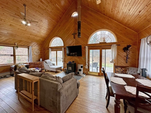 living room with ceiling fan, a wood stove, wood walls, high vaulted ceiling, and hardwood / wood-style floors
