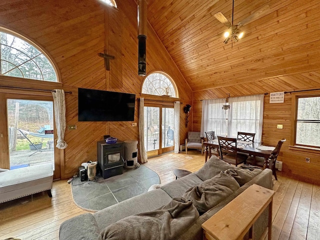 living room featuring wood-type flooring, a wood stove, wooden walls, high vaulted ceiling, and wood ceiling