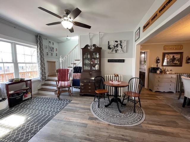 dining room with stairway, a ceiling fan, and wood finished floors