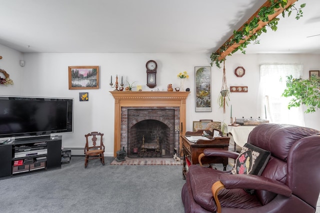 carpeted living room featuring a fireplace