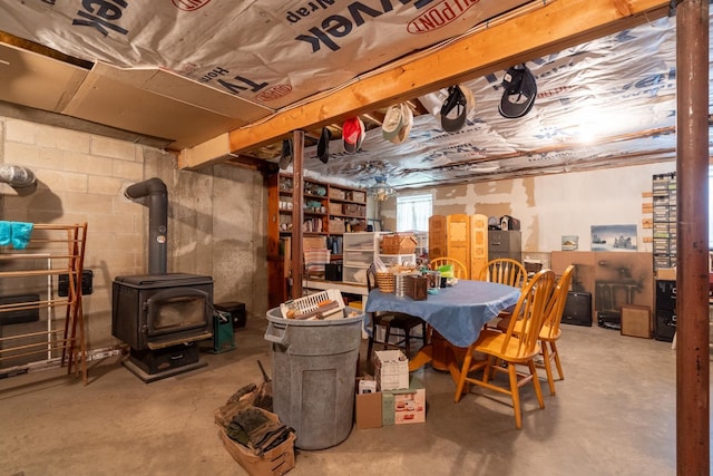 below grade area with a wood stove