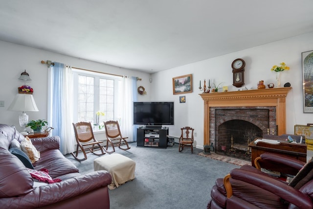 carpeted living room featuring a fireplace with flush hearth